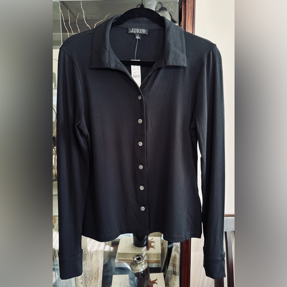 JCrew NWT. Long-sleeve button-up top. Stretch jersey fabric. Black.